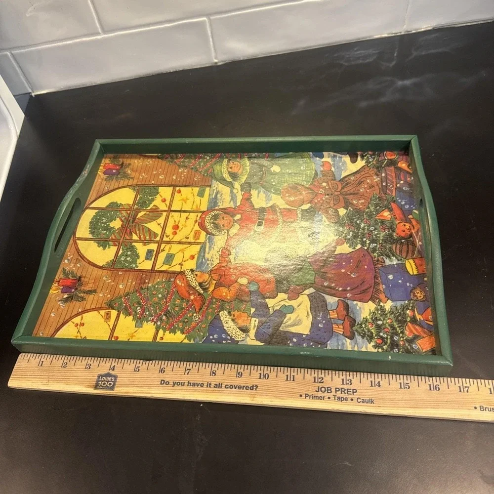 Vintage Christmas Serving Tray Decor Green Wood Children Dancing‎ Illustration